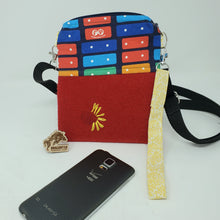 Load image into Gallery viewer, Rainbow FP Xylophone + Red Felted Sweater Crossbody 3-way 6x7 Upcycled Cell Phone Bag
