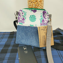 Load image into Gallery viewer, Stonewashed Denim Jeans + Candy Man Purple Upcycled Crossbody 3-way 6x7 Cell Phone Bag

