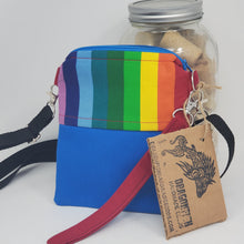 Load image into Gallery viewer, Remnant Blue Denim + Rainbow Stripes Crossbody 3-way 6x7 Upcycled Cell Phone Bag
