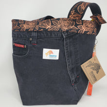 Load image into Gallery viewer, Black Polo Denim Jeans + Metallic Copper Flowers Upcycled Shoulder Tote
