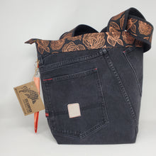 Load image into Gallery viewer, Black Polo Denim Jeans + Metallic Copper Flowers Upcycled Shoulder Tote
