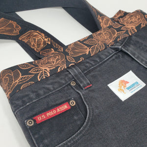 Black Polo Denim Jeans + Metallic Copper Flowers Upcycled Shoulder Tote
