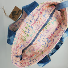 Load image into Gallery viewer, Indigo Hand-dyed Ikea Sofa Cover + Rainbow Boobs Upcycled Shoulder Tote
