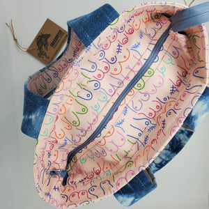 Indigo Hand-dyed Ikea Sofa Cover + Rainbow Boobs Upcycled Shoulder Tote