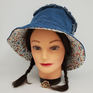 Denim Jeans + Floral Penis Upcycled Reversible Bucket Hat - medium