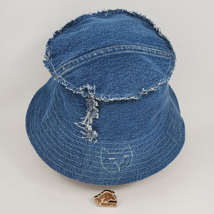Denim Jeans + Floral Penis Upcycled Reversible Bucket Hat - medium