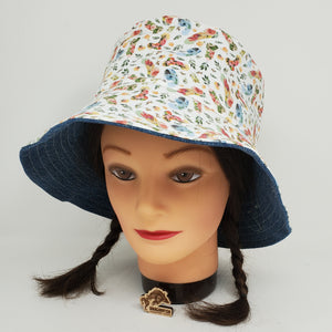 Denim Jeans + Floral Penis Upcycled Reversible Bucket Hat - medium