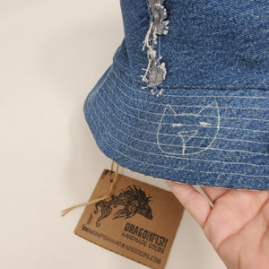 Denim Jeans + Floral Penis Upcycled Reversible Bucket Hat - medium