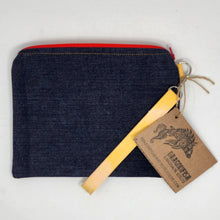 Load image into Gallery viewer, Dark Denim + Ukrainian Sunflowers Upcycled 10.5x8 Notions Clutch - hand dyed
