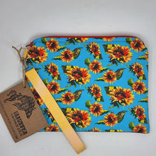 Load image into Gallery viewer, Dark Denim + Ukrainian Sunflowers Upcycled 10.5x8 Notions Clutch - hand dyed
