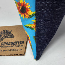 Load image into Gallery viewer, Dark Denim + Ukrainian Sunflowers Upcycled 10.5x8 Notions Clutch - hand dyed
