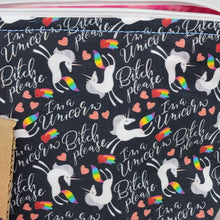 Load image into Gallery viewer, Freehand-quilted Hand-dyed Ikea Sofa Cover + B*tch Please, I&#39;m a Unicorn Feathers Upcycled 10x6.5x4 Pouch
