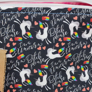 Freehand-quilted Hand-dyed Ikea Sofa Cover + B*tch Please, I'm a Unicorn Feathers Upcycled 10x6.5x4 Pouch