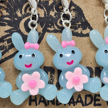 Load image into Gallery viewer, Smiling Blue Bunny with Flower Stitch Markers - set of 5

