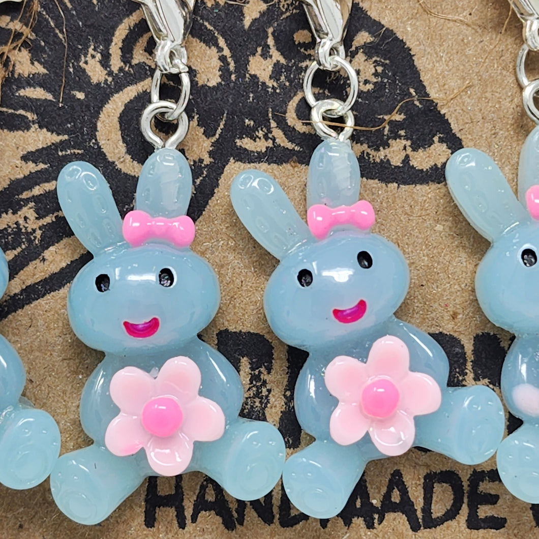 Smiling Blue Bunny with Flower Stitch Markers - set of 5