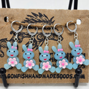Smiling Blue Bunny with Flower Stitch Markers - set of 5