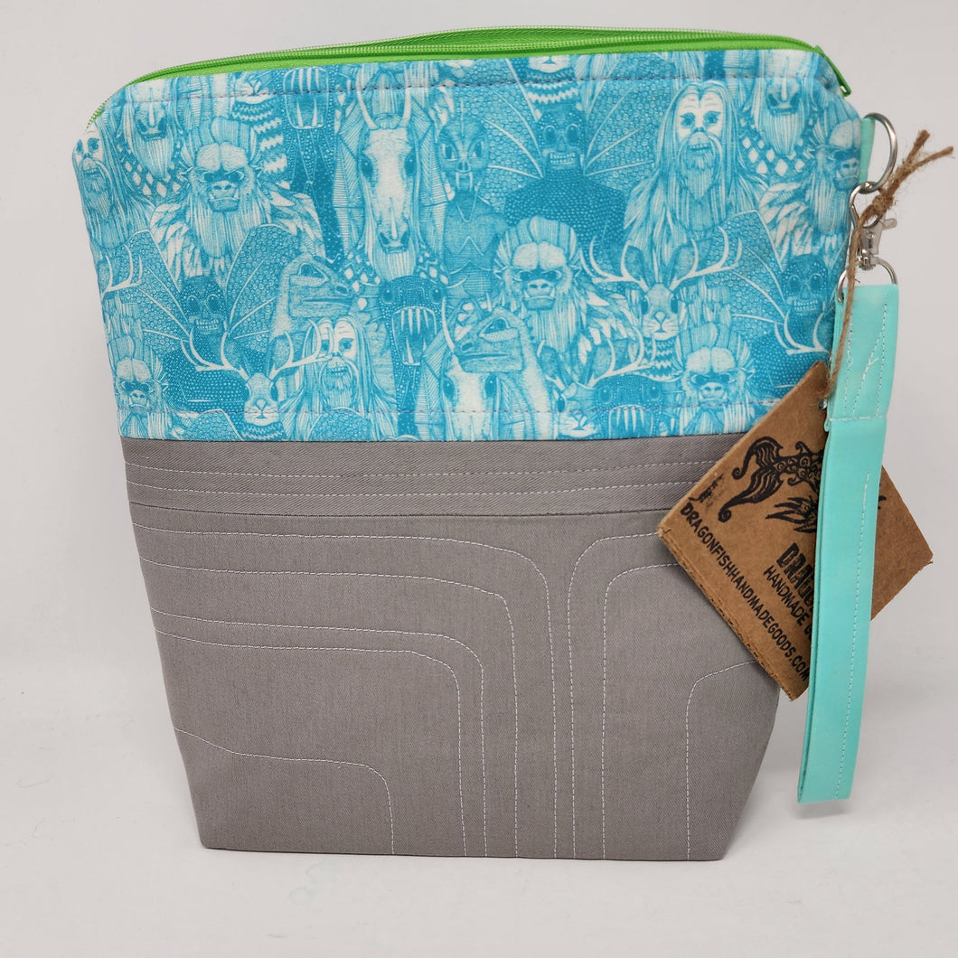 Freehand Machine Quilted Khaki Pants + Cryptids 10x11 Project Bag