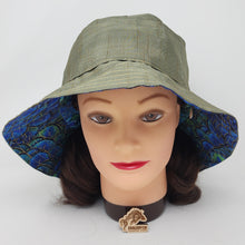Load image into Gallery viewer, Taffeta-Style Drape + Peacock Feathers Upcycled Reversible Bucket Hat - Small
