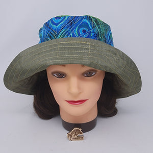 Taffeta-Style Drape + Peacock Feathers Upcycled Reversible Bucket Hat - Small