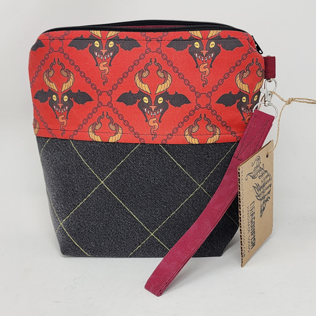 Freehand Machine Embroidered Black Denim + Krampus Upcycled 8x9 Project Bag