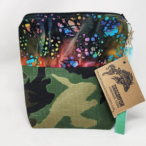Freehand Machine Embroidered Remnant Camo + Batik Watercolor 10x11 Project Bag - hand-dyed