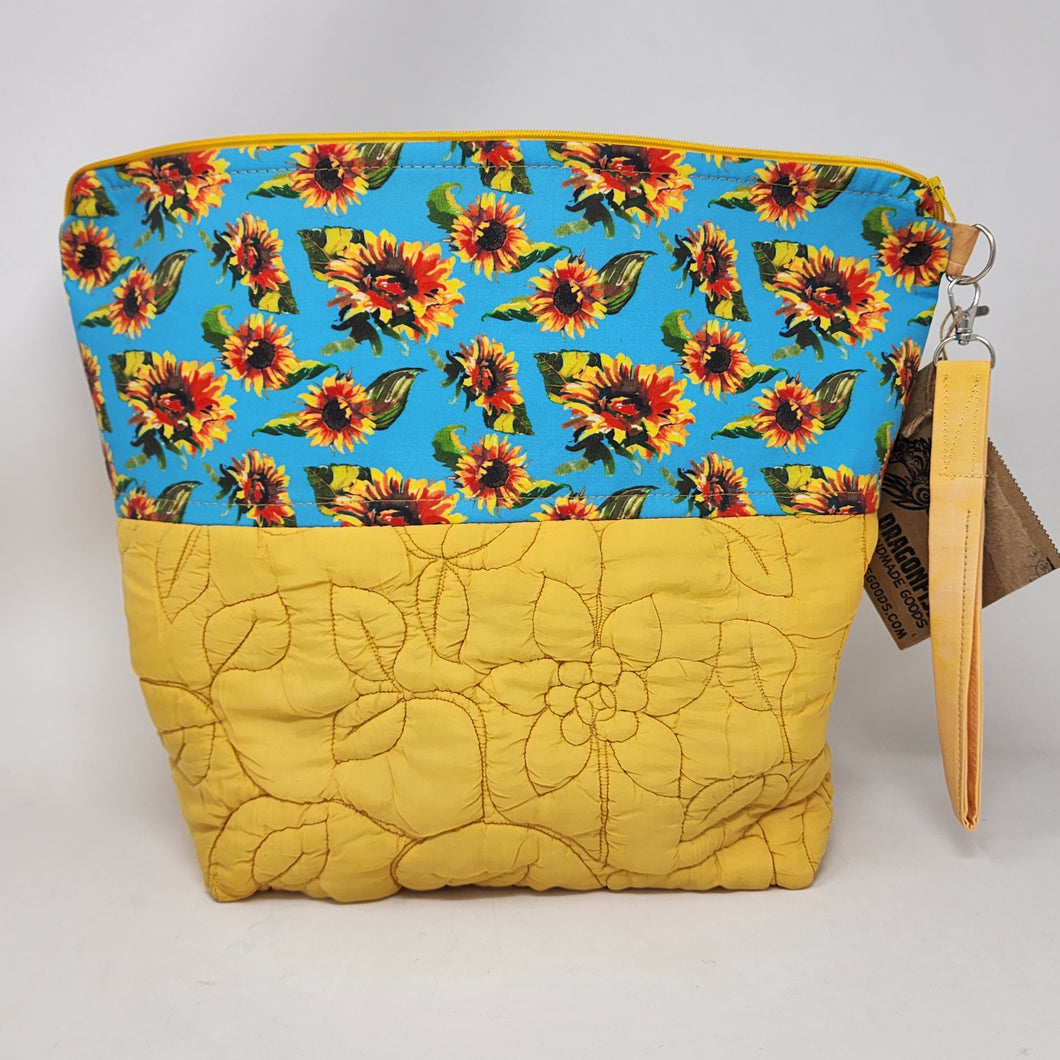 Upcycled Yellow Quilted Jacket + Sunflowers 14.5x11 Project Bag - hand-dyed