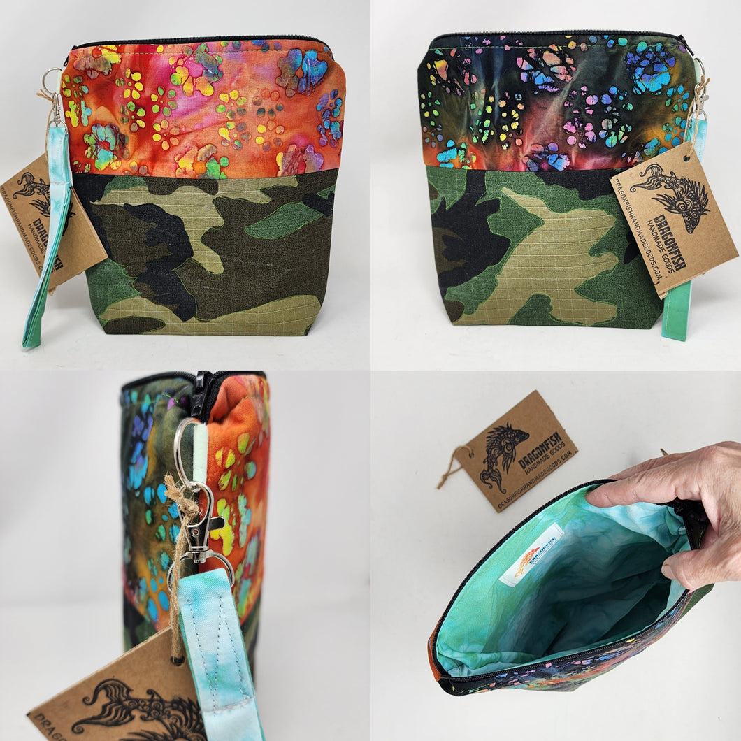Freehand Machine Embroidered Remnant Camo + Batik Watercolor 10x11 Project Bag - hand-dyed