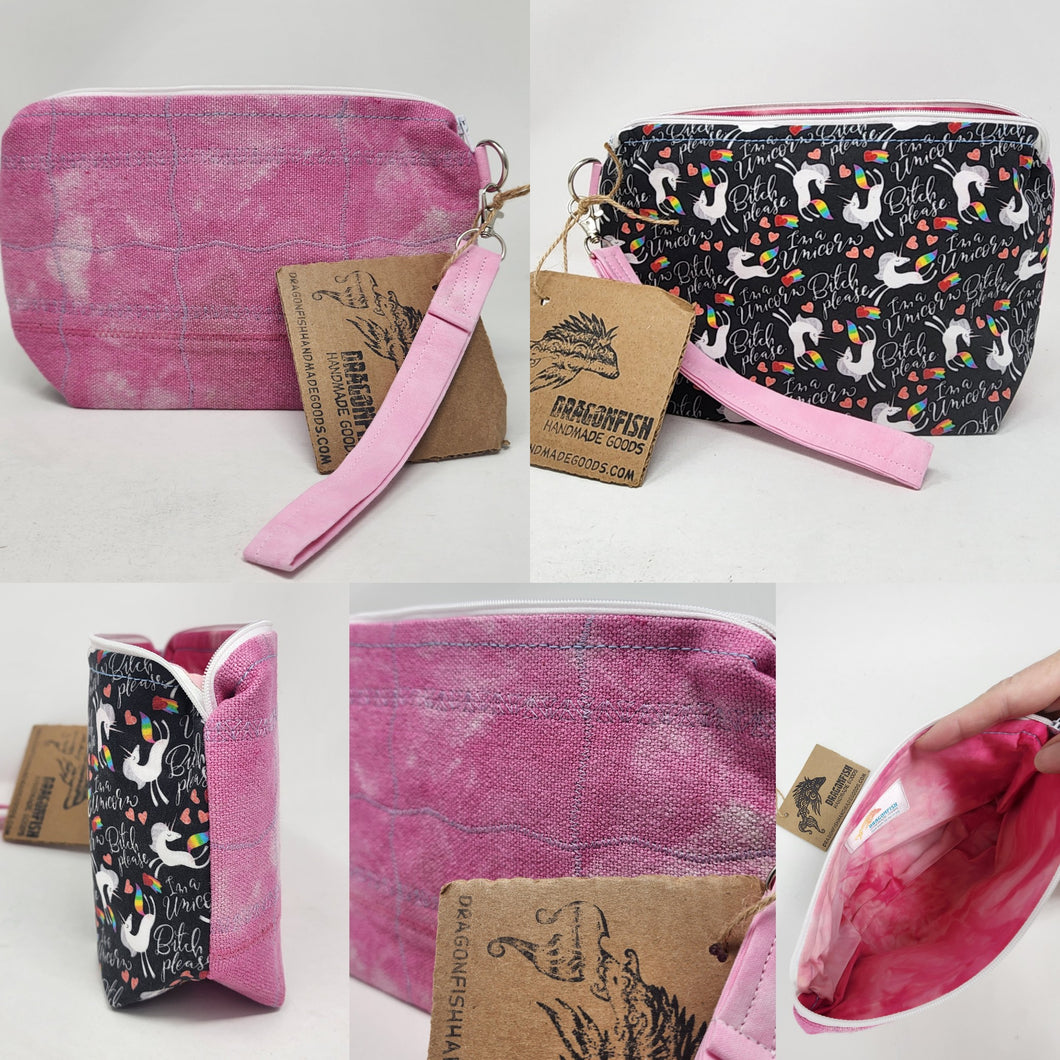 Freehand-quilted Hand-dyed Ikea Sofa Cover + B*tch Please, I'm a Unicorn Feathers Upcycled 10x6.5x4 Pouch